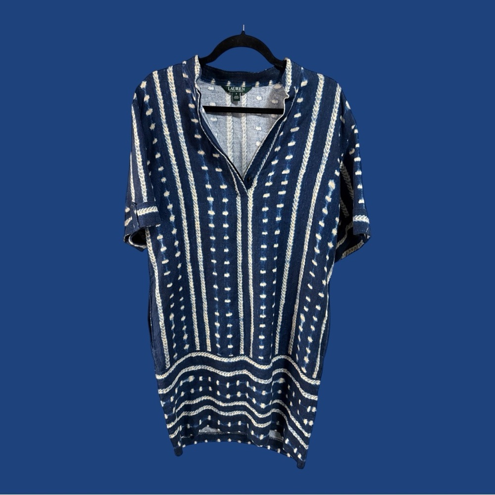 Lauren by Ralph Lauren dress blue ikat fabric with pockets!
